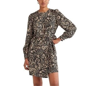 Boden Wrap Skirt Long Sleeve Black White Paisley Mini Dress Size 6